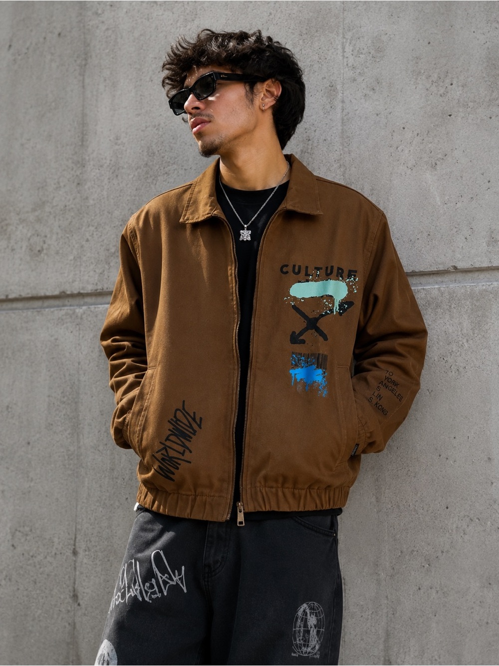 Brooklyn Cloth Co Worldwide Culture Brown Graphic Twill Bomber Jacket Men’s